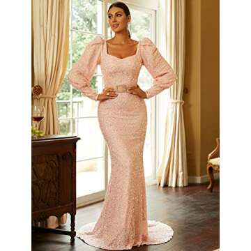 Lin Lin Q Women’s Elegant Sequin Long Sleeve Mermaid Prom Maxi Dress, Formal Rhinestone Evening Gowns with Belt Pink