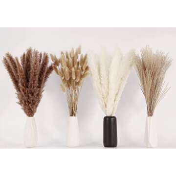 Dried Pampas Grass Decor, 100 Stems Pampas Grass Contains Bunny Tails Dried Flowers, Reed Grass Bouquet for Wedding Boho Flowers Home Table Decor, Rustic Farmhouse Party (17", White and Brown)