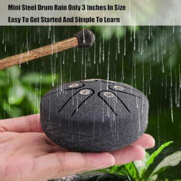 Rain Drum for Outside Garden, Steel Tongue Drum Rain Chime, Outside Musical Rain Drum for Garden, Mini Handpan Drum 3 Inches 6 Notes for Meditation, Prenatal Music Education (Black)