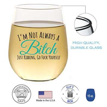 Funny Wine Glass for Women Men | Wine Gifts for Women | Cute Stemless Wine Glass | Funny Christmas Birthday Drinking Glasses for Best Friend BFF | Unique Inappropriate Adult Humor Gift for Wine Lovers