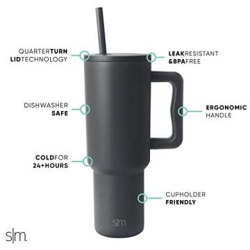 Simple Modern 40 oz Tumbler with Handle and Straw Lid | Insulated Cup Reusable Stainless Steel Water Bottle Travel Mug Cupholder Friendly | Gifts for Women Men Him Her | Trek Collection | Graphite