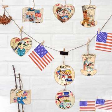 24Pcs Veterans Day Decorations-Vintage Patriotic Wood Ornaments Wood Hanging Ornaments for Tree Veterans Day Party Decor Columbus Day Decor for Greeting Police Military Army Employees