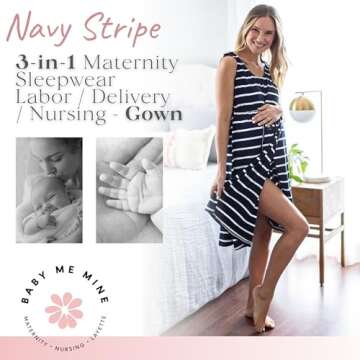 Baby Be Mine Labor and Delivery Gown for Hospital – 3-in-1 Labor/Delivery/Nursing Gown – Maternity Sleepwear(S/M, Navy Stripe)