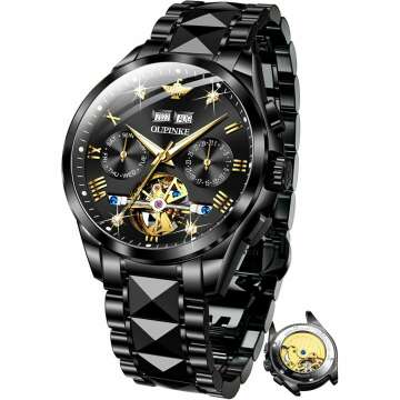 OUPINKE Mens Automatic Watch Diamond Skeleton Mechanical Self Winding Luxury Dress Wrist Watch Sapphire Crystal Tungsten