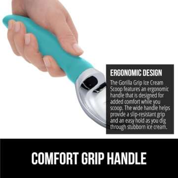 Gorilla Grip Heavy Duty Ice Cream Scoop with Comfortable Handle, Professional Grade Scooper for Perfect Round Scoops, Spoon Frozen Hard Gelato, Sorbet, Cookie Dough, BPA-Free Kitchen Tool, Turquoise