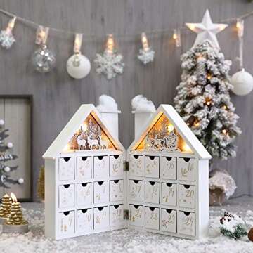 PIONEER-EFFORT Wooden Christmas Advent Calendar House with 24 Drawers and Led Lights Countdown Calendars for Christmas Decoration 2023, Candy Box (White Forest)