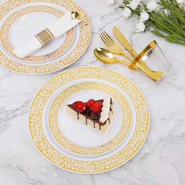 Goodluck 350 Piece Gold Plastic Dinnerware Set for 50 Guests, Disposable Lace Plates for Thanksgiving, Include: 50 Gold Plates, 50 Dessert Plates Disposable, 50 Pre Napkins with Silverware, 50 Cups