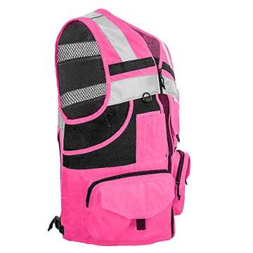 ZUJA 3M Reflective stripes Safety Vest Hi-vis Pink knitted Vest with 10 pockets Bright Construction Workwear for men and women. (Pink, Extra Large)