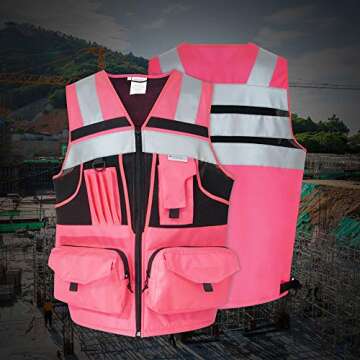 ZUJA 3M Reflective stripes Safety Vest Hi-vis Pink knitted Vest with 10 pockets Bright Construction Workwear for men and women. (Pink, Extra Large)