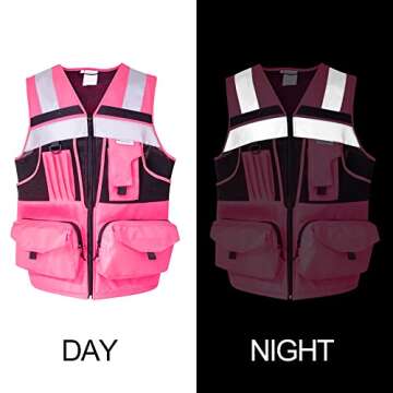 ZUJA 3M Reflective stripes Safety Vest Hi-vis Pink knitted Vest with 10 pockets Bright Construction Workwear for men and women. (Pink, Extra Large)