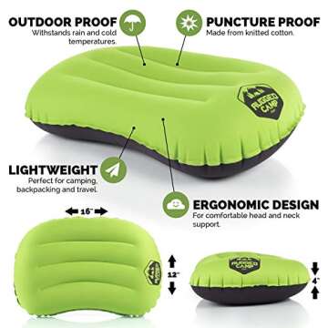 Rugged Camp Camping Pillow - Inflatable Travel Pillows - Multiple Colors - Compressible, Lightweight, Ergonomic Head Neck Support Camping Plane Travel - Lumbar Back Support (Green/Black)