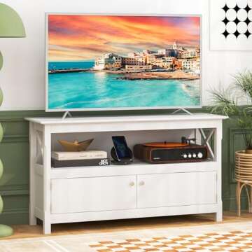 Tangkula Farmhouse TV Stand for TVs up to 50 Inch, Media Entertainment Center with Charging Station, USB & Type C Ports, Storage Shelf & 2 Cabinets, Television Console Table for Living Room (White)