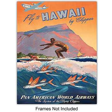 Hawaii Wall Decor - Hawaiian Wall Art - Hawaiian Wall Decor - Tropical Decor - Surfing Wall Art - Surf Decor - Ocean Wall Decor - Vintage Travel Posters - 8x10 Picture Set