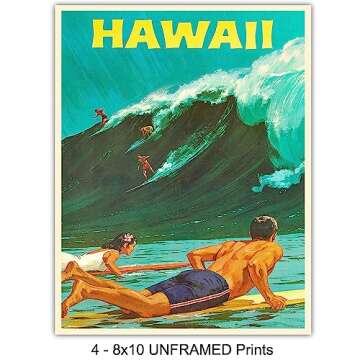 Hawaii Wall Decor - Hawaiian Wall Art - Hawaiian Wall Decor - Tropical Decor - Surfing Wall Art - Surf Decor - Ocean Wall Decor - Vintage Travel Posters - 8x10 Picture Set