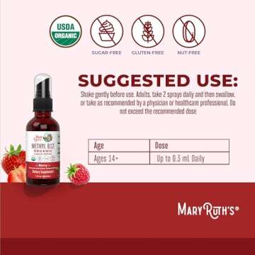 MaryRuth's Vitamin B12 Liquid Spray | Vegan, Non-GMO, Gluten-Free | USDA Organic B12 Vitamin Supplement | Energy & Nervous System Support | B12 Vitamins for Women & Men | VIT b12 1,500 mcg | 1 Fl Oz