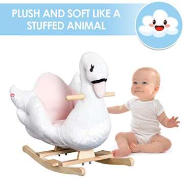 Qaba Kids Ride On Rocking Horse Plush Swan Style Toy with Music for Over 18 Months Children, White and Pink