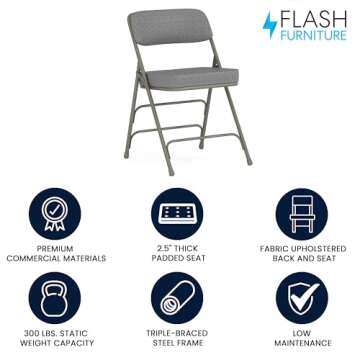 Flash Furniture Hercules Series Metal Folding Chair with Cushioned Seat, Fabric Upholstered Event Chair with 300-lb. Static Weight Capacity, Gray