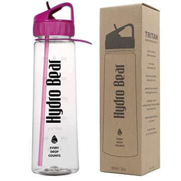 Hydro Bear 30oz Motivational Fitness Sports Water Bottle with Time Marker, Measurements, Drink More Water Daily, BPA Free Tritan with Flip Straw, for Outdoors Camping Hiking Cycling