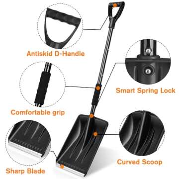 Snow Shovel, 2025 New Upgrade Large-Capacity Lightweight Aluminum Portable Snow Removal Tool, Parent-Child Playing Snow Shovel, Shovel for Car Driveway, Garden, Camping (Black)