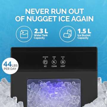 Newair Nugget Ice Maker Countertop - 44lbs/Day, Countertop Sonic Ice Machine, Self-Cleaning & Refillable Water Tank, Pebble Ice Maker, Ideal for Home Office, Kitchen or Bar | Black Stainless Steel