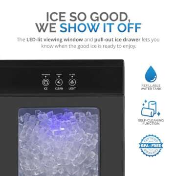 Newair Nugget Ice Maker Countertop - 44lbs/Day, Countertop Sonic Ice Machine, Self-Cleaning & Refillable Water Tank, Pebble Ice Maker, Ideal for Home Office, Kitchen or Bar | Black Stainless Steel