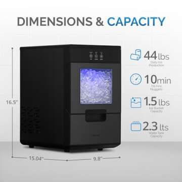 Newair Nugget Ice Maker Countertop - 44lbs/Day, Countertop Sonic Ice Machine, Self-Cleaning & Refillable Water Tank, Pebble Ice Maker, Ideal for Home Office, Kitchen or Bar | Black Stainless Steel