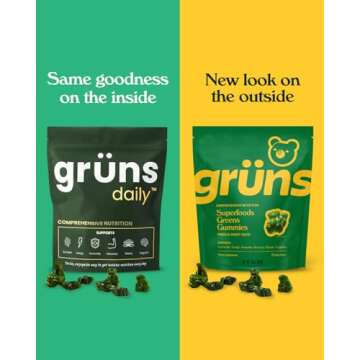 Gruns Adults Super Greens Gummies, Superfood Gummy Bears with Spirulina, Chlorella & Prebiotics for Digestive Health - Adaptogens Supplement with 20 Vitamins & Minerals, Low Sugar- 1 Month Supply