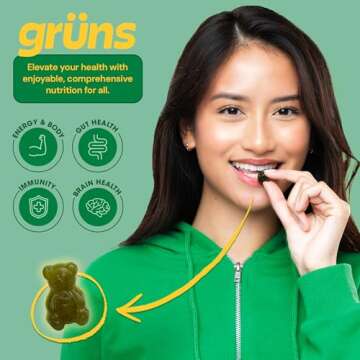 Gruns Adults Super Greens Gummies, Superfood Gummy Bears with Spirulina, Chlorella & Prebiotics for Digestive Health - Adaptogens Supplement with 20 Vitamins & Minerals, Low Sugar- 1 Month Supply