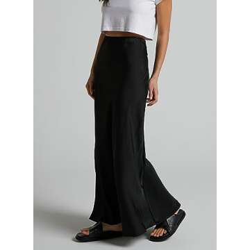 Amy Babe Women's Satin Silky High Waist Maxi Skirt Elegant Elastic Waistband A Line Long Skirts (Black, Small)