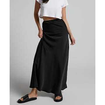 Amy Babe Women's Satin Silky High Waist Maxi Skirt Elegant Elastic Waistband A Line Long Skirts (Black, Small)