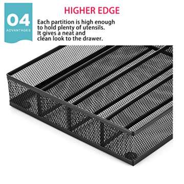 JANE EYRE Utensil Drawer Organizer, Cutlery Tray Silverware Flatware Storage Divider for Kitchen, Mesh Wire with Non-slip Foam Feet, 5 Component, Black