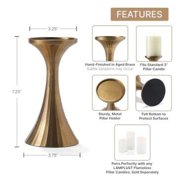 LampLust Metal Pillar Candle Holder - 7.25 Inch Tall Candle Holders for Pillar Candles, Aged Brass Finish, Modern Candle Holder for Coffee Table Decor, Wedding Centerpieces & Home Décor