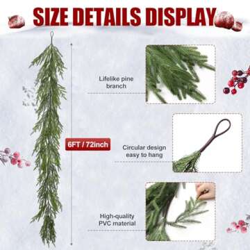 Artgar Pine Garland - 6Ft Christmas Garland - Real Touch Pine Garland - Artificial Green Cedar Garland - Garland Christmas Decorations for Home Mantel Stairs Dining Table Christmas Decor (White-Green)