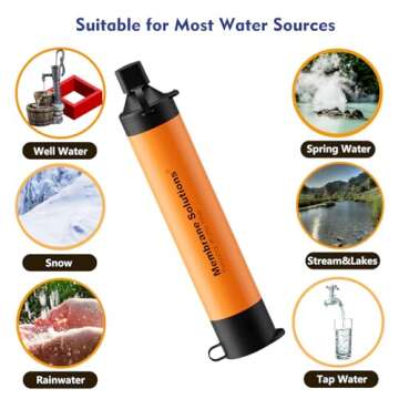 Membrane Solutions Orange Personal Water Filter Straw with Protect Carry Case, 0.1μm Outdoor Portable Backup Filtration Emergency Survival Gear, Drinking Water Purifier Straw Bag for Camping Travel