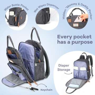 RUVALINO Diaper Bag Backpack, Multifunction Travel Pack Maternity Baby Changing Bags, Large Capacity, Waterproof, Dark Gray