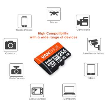 Vantrue 256GB microSDXC UHS-I U3 4K UHD Video High Speed Transfer Monitoring SD Card with Adapter for Dash Cams, Body Cams, Action Camera, Surveillance & Security Cams