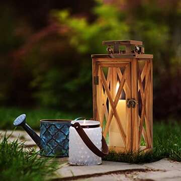 XRKITE Wooden Candle Lantern Decorative, Patio Decor with Stainless Top and Glass, Hurricane Lantern Holder Decor for Indoor Outdoor, Home, Garden, Wedding