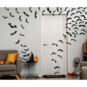 Halloween Decorations Indoor - Bats Halloween Decorations Plastic Spooky Scary Creepy 3D Bats for Halloween Party Bathroom Kitchen Home Room Outdoor Wall Window Glow Eyes Bats Stickers Gothic Decor 56 Pcs