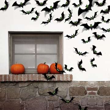 Halloween Decorations Indoor - Bats Halloween Decorations Plastic Spooky Scary Creepy 3D Bats for Halloween Party Bathroom Kitchen Home Room Outdoor Wall Window Glow Eyes Bats Stickers Gothic Decor 56 Pcs