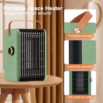 Portable Space Heater for Indoor Use 1500W PTC Electric Heater Fast Heating Ceramic Room Small Heater with Thermostat Heating and Fan Modes for Desk Office Bedroom Home (Green)