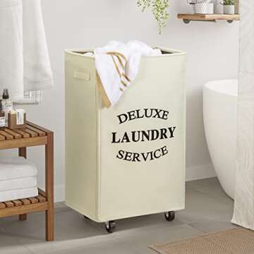 WOWLIVE Large Rolling Laundry Basket Wheels 90L Collapsible Tall Laundry Hamper Handle Foldable Dirty Clothing Basket Fold up Rectangular Hampers for Laundry Dorm Room (Beige)