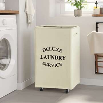 WOWLIVE Large Rolling Laundry Basket Wheels 90L Collapsible Tall Laundry Hamper Handle Foldable Dirty Clothing Basket Fold up Rectangular Hampers for Laundry Dorm Room (Beige)