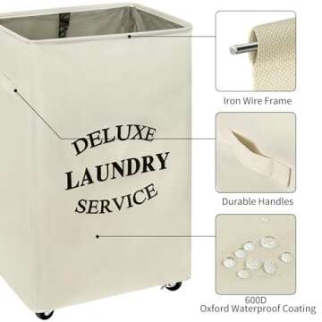 WOWLIVE Large Rolling Laundry Basket Wheels 90L Collapsible Tall Laundry Hamper Handle Foldable Dirty Clothing Basket Fold up Rectangular Hampers for Laundry Dorm Room (Beige)