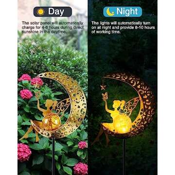 Vuees Solar Garden Statues Outdoor Decor, Fairy Moon Figurine Light Stake, Housewarming Ornament for Patio, Lawn, Yard, Pathway - Unique Gift Ideas for Gardening Mom Grandma