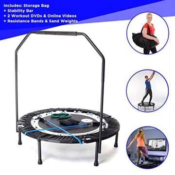 Maximus PRO Folding Rebounder USA | Voted #1 Indoor Exercise Mini Trampoline for Adults with Bar | Fitness & Weight Loss| Free Storage Bag, Resistance Bands, Online & DVD Workouts | Already Assembled