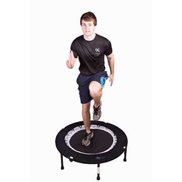 Maximus PRO Folding Rebounder USA | Voted #1 Indoor Exercise Mini Trampoline for Adults with Bar | Fitness & Weight Loss| Free Storage Bag, Resistance Bands, Online & DVD Workouts | Already Assembled