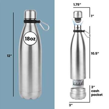 Diversion Safe Water Bottle - Stainless Steel Bottle Safe Box with Hidden Compartment for Cards, Keys, Cash, and Valuables - Insulated Bottle for Hot and Cold Drinks - 18 Ounces