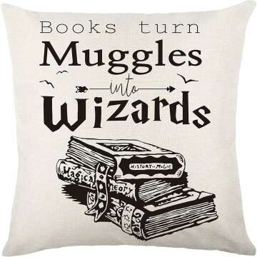 Funny Quotes Books Turn Muggles Into Wizards Throw Pillow Case，18X18 Inch College Dormitory Decor Linen Cushion Cover，Gift for Classmate Book Lover, Book Club Gift for Sofa Car Bedroom