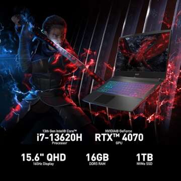 MSI Katana 15 15.6” 165Hz QHD Gaming Laptop: Intel Core i7-13620H, NVIDIA Geforce RTX 4070, 16GB DDR5, 1TB NVMe SSD, Cooler Boost 5, Win 11: Black B13VGK-2000US