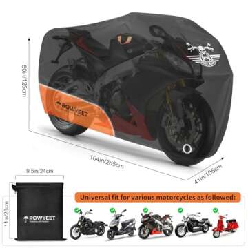 ROWYEET All-Weather Motorcycle Cover with Lock Holes & Zipper Storage Bag